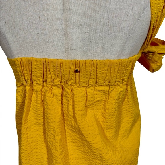 Cuyana Seersucker Twisted Shoulder A-Line Asymmetric Dress in Daffodil - Picture 8 of 9